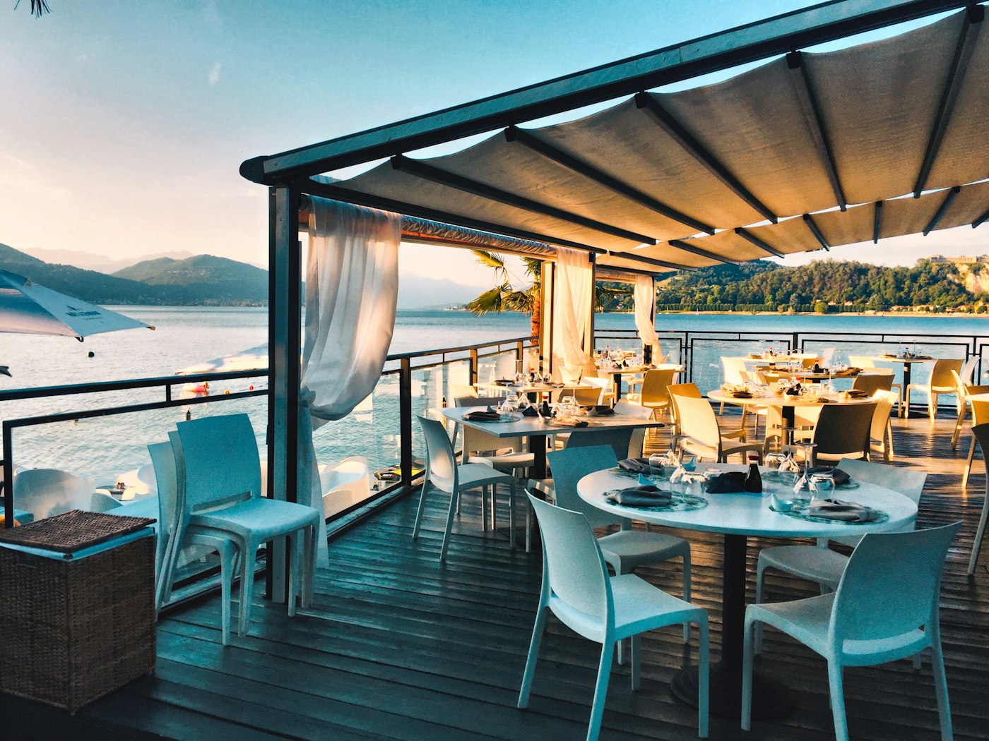 Warm bar and restaurant tables at night