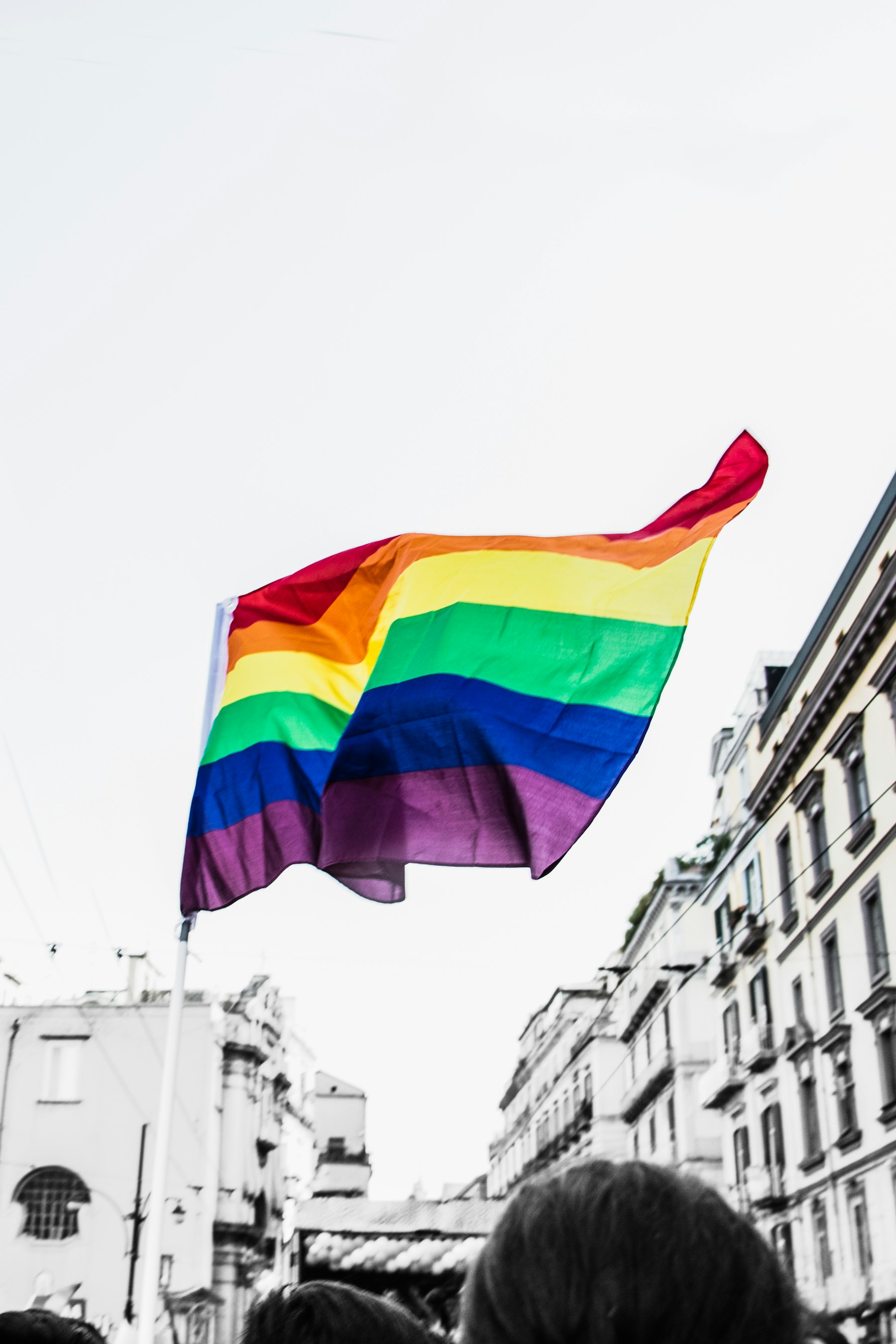 Rainbow Pride flag raised above a crowd